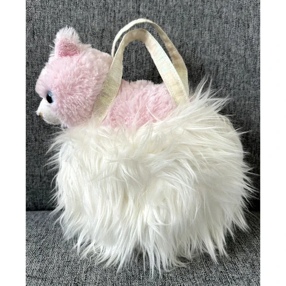 Aurora Fancy Pals Carrier Fluffy White Pink Cat 7" Stuffed Animal - Picture 4 of 6